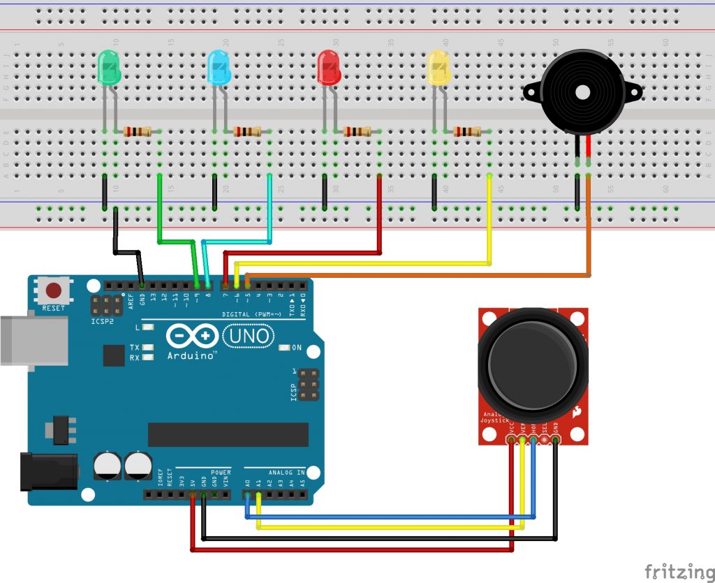 Schaltplan für die Verwendung eines Joystick-Moduls und eines Piezo-Speakers an dem Arduino